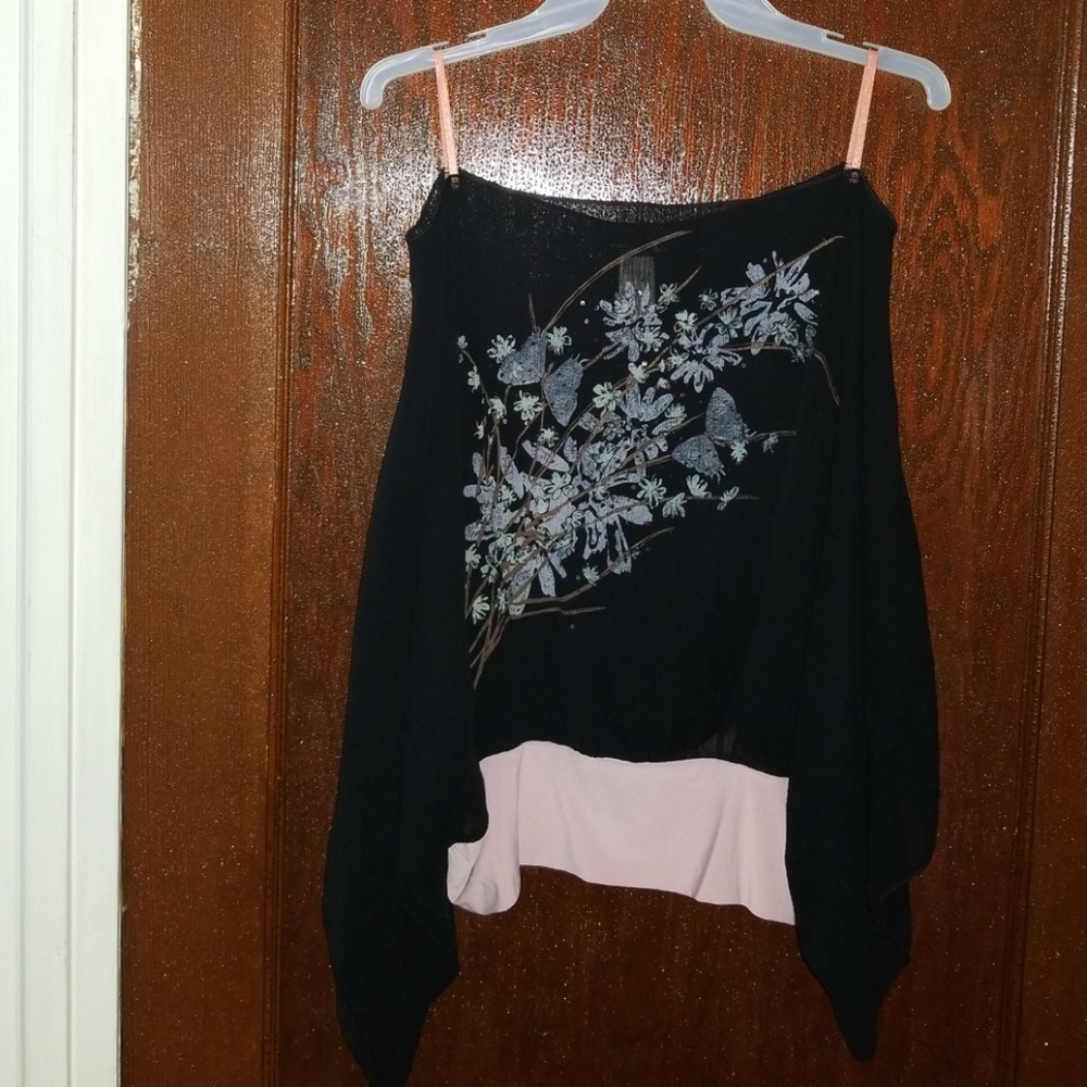 Sheer Spaghetti Strap Flowers & Butterflies Shirt